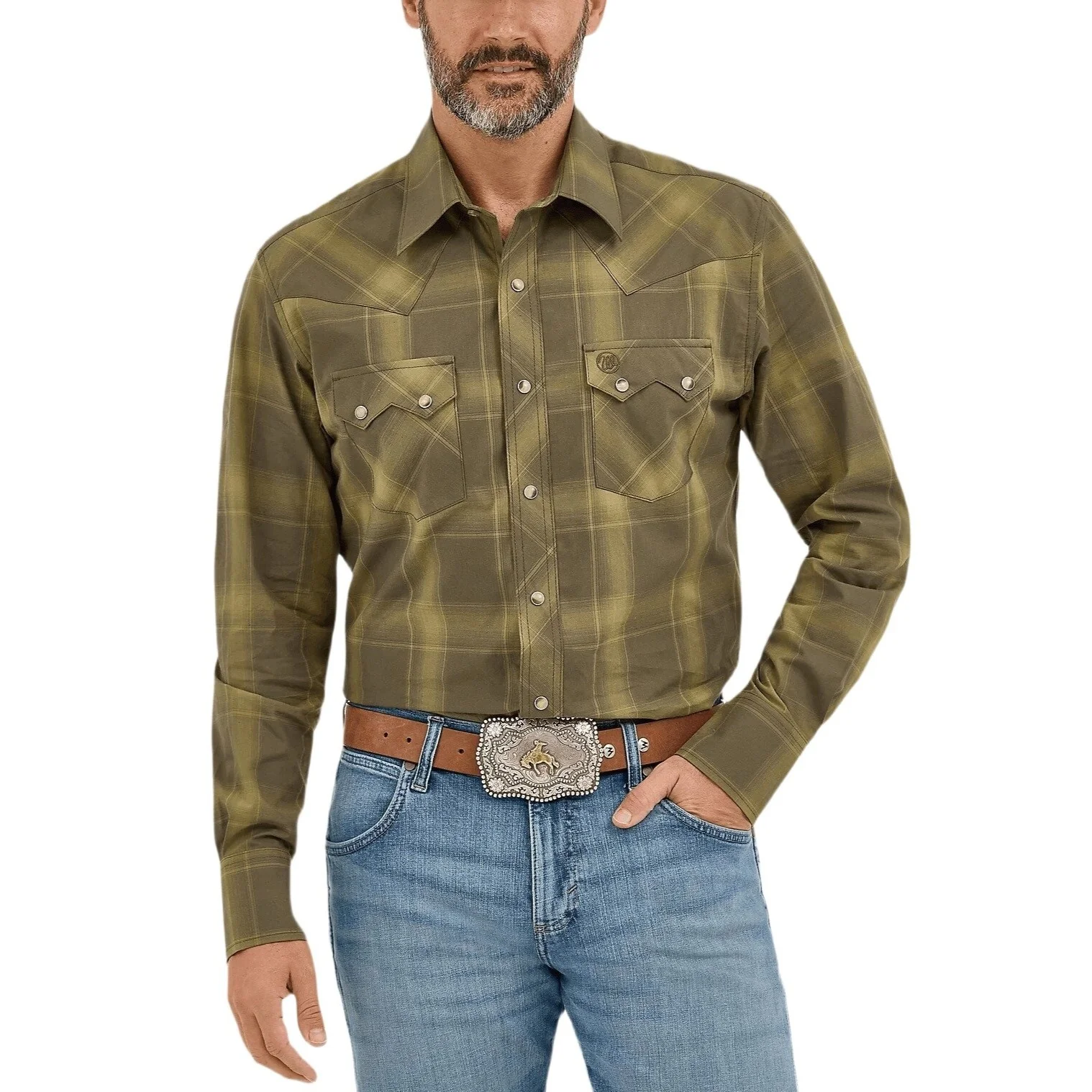 Wrangler Olive Plaid Men's Western Snap 112369543