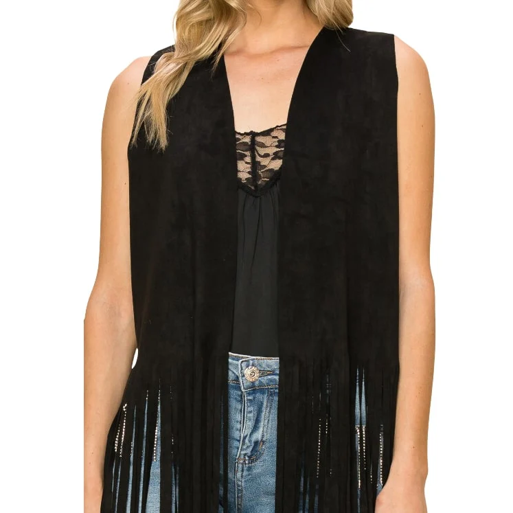 Vocal Black Sueded Long Fringe Women's Vest 20247V - Image 3