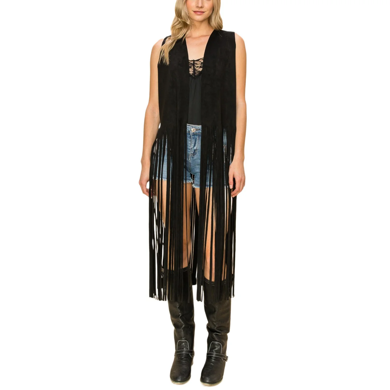 Vocal Black Sueded Long Fringe Women's Vest 20247V - Image 4