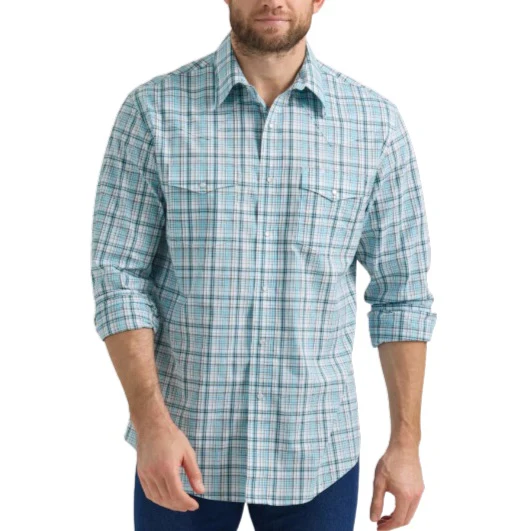Wrangler Wrinkle Resist Plaid Light Blue Men's Button Up 2351599