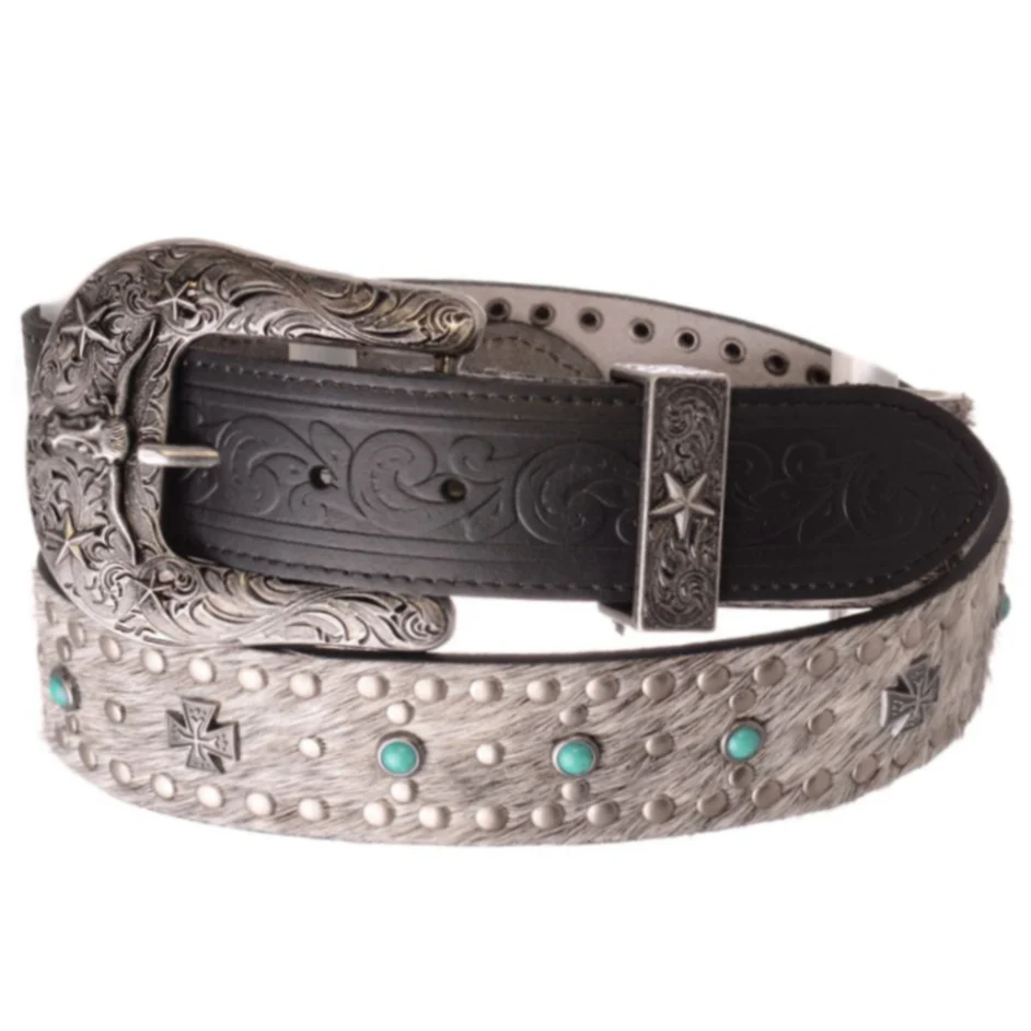 Kamberley Cross Stud Leather Black Calf Hair Belt 6091