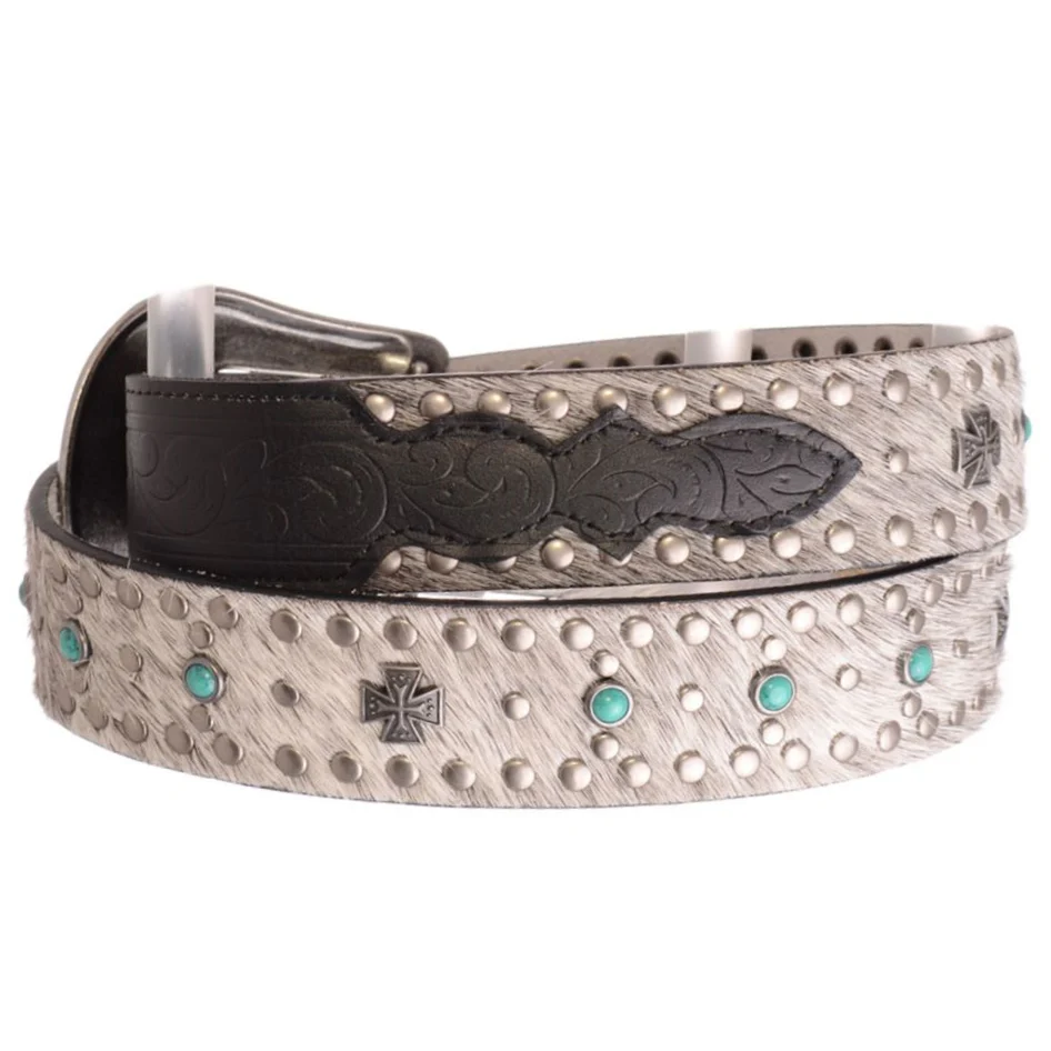 Kamberley Cross Stud Leather Black Calf Hair Belt 6091 - Image 3