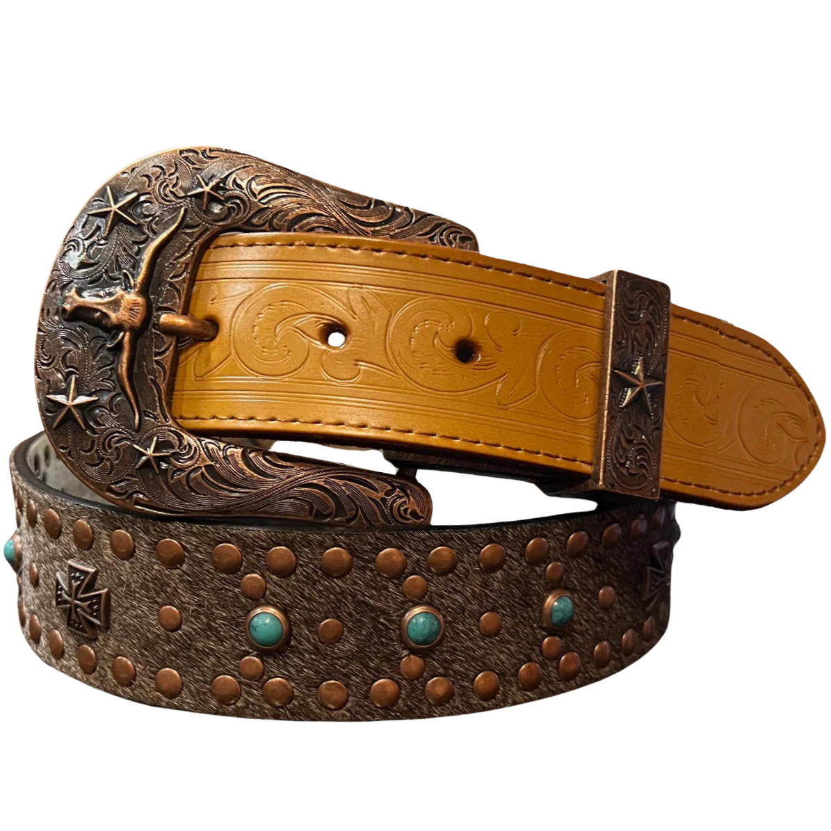 Kamberley Cross Stud Leather Brown Calf Hair Belt 6091