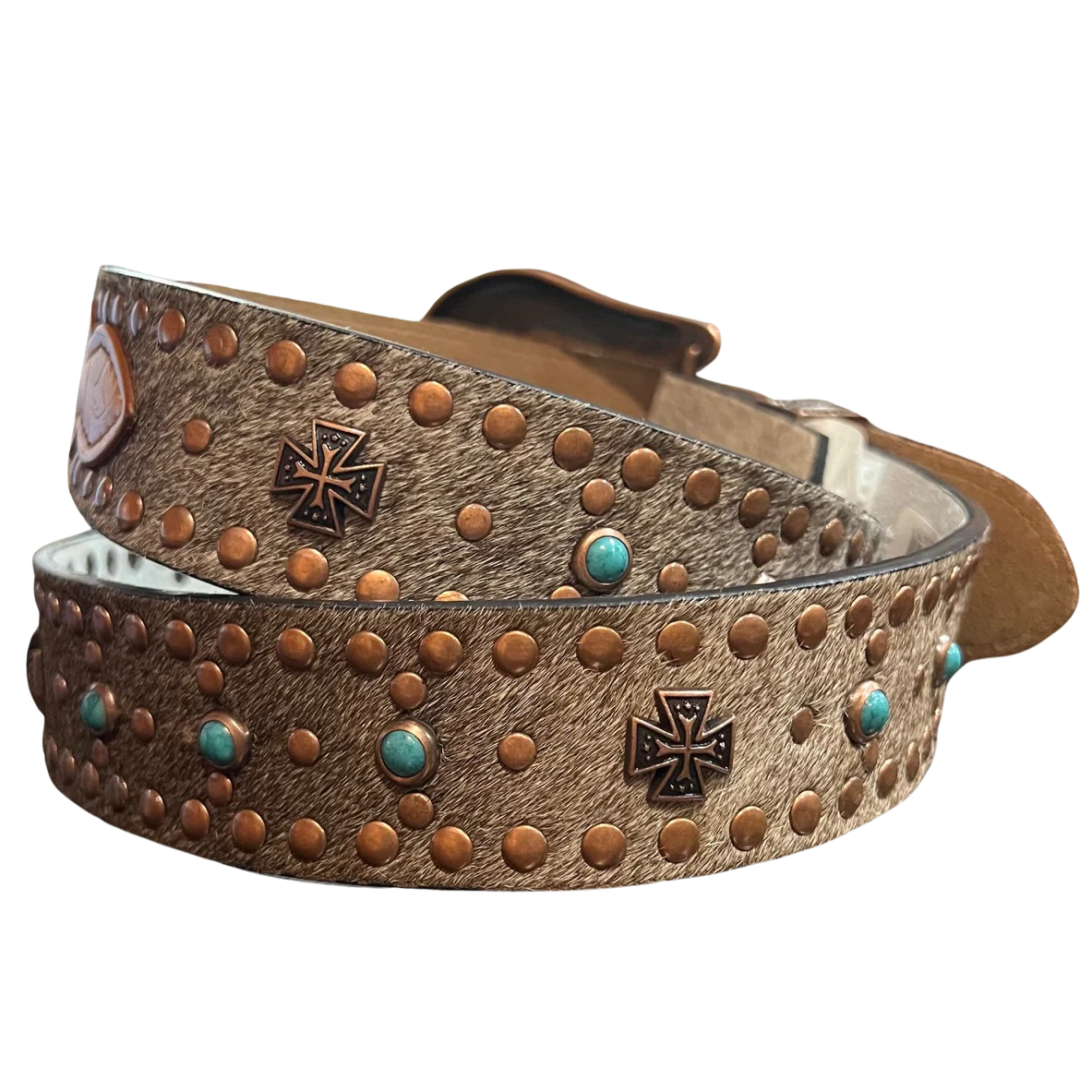 Kamberley Cross Stud Leather Brown Calf Hair Belt 6091 - Image 2