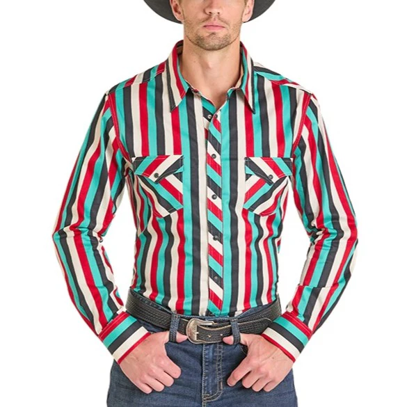Rock & Roll Stripe Print Men's Western Snap BMN2S07162