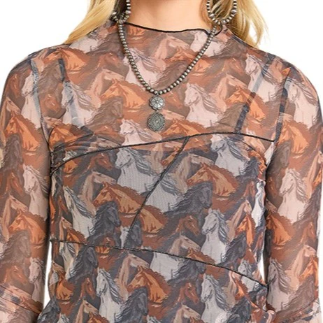 Rock & Roll Horse Print Mesh Women's Top BW22T07474 - Image 2