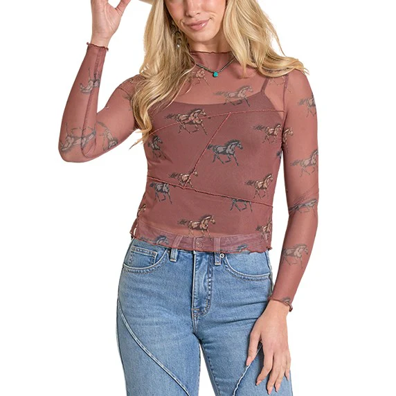Rock & Roll Horse Print Mesh Women’s Top BW22T08090