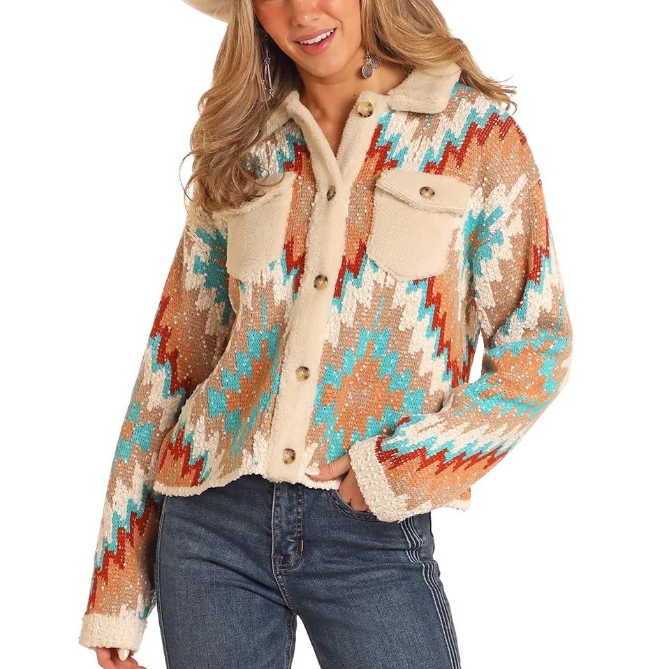 Rock & Roll Aztec Button Up Women's Sweater BW32T05275