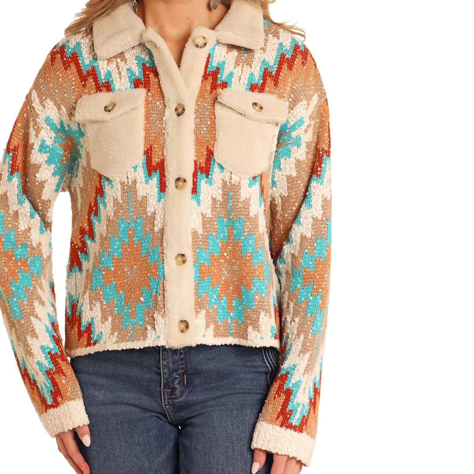 Rock & Roll Aztec Button Up Women's Sweater BW32T05275 - Image 2