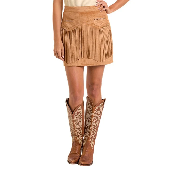 Rock & Roll Camel Microsuede Fringe Women's Skirt BW69B06314