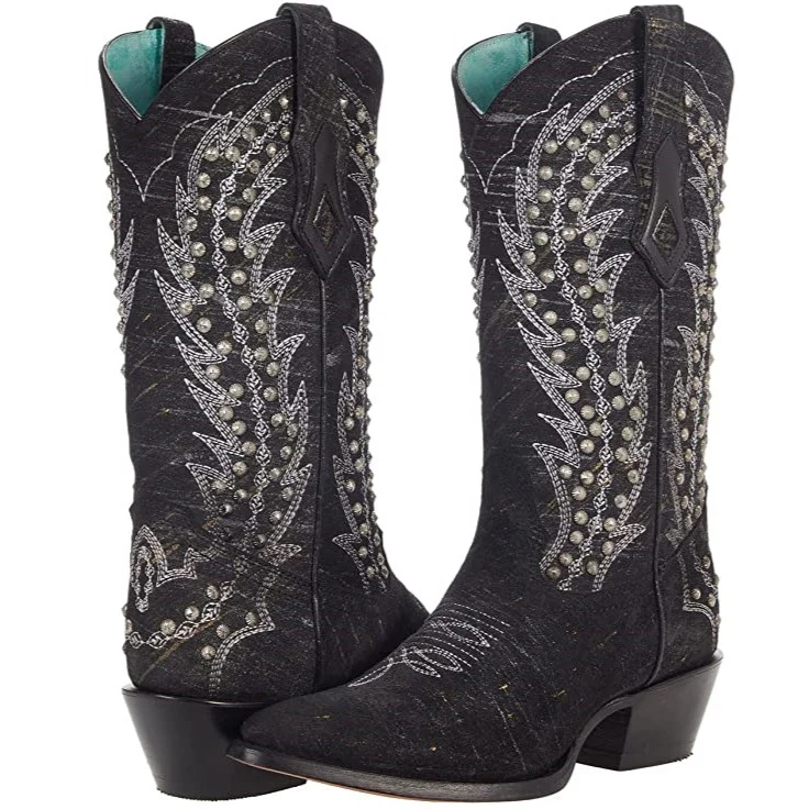 Corral Black and White Embroidery Stud Women's Boot C3829 - Image 2