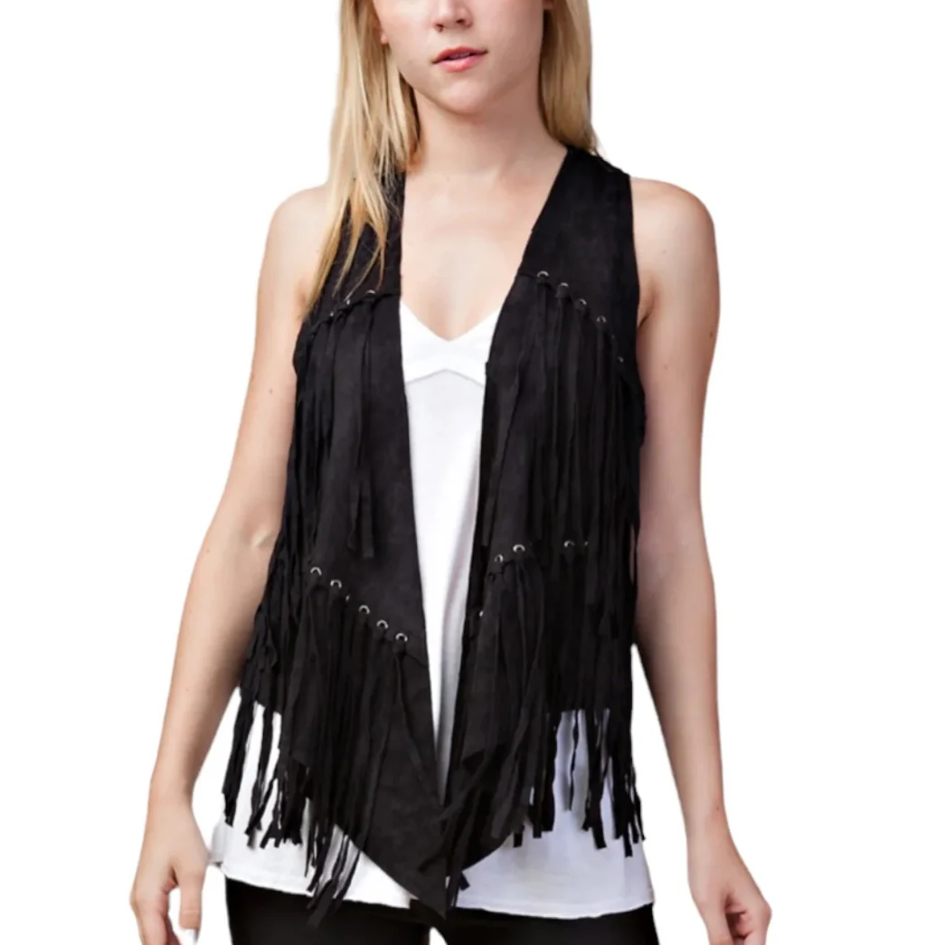 Vocal Eyelet Fringe Black Women's Vest IM0653V
