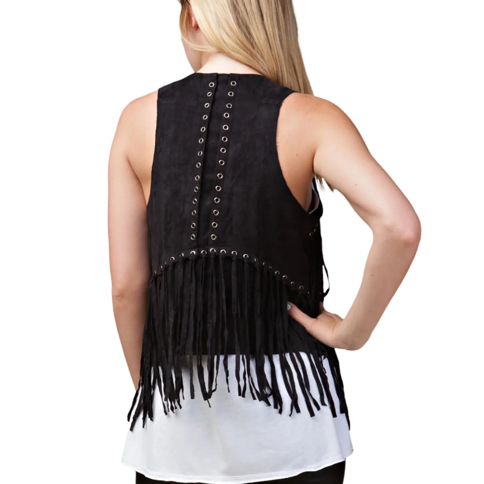 Vocal Eyelet Fringe Black Women's Vest IM0653V - Image 2