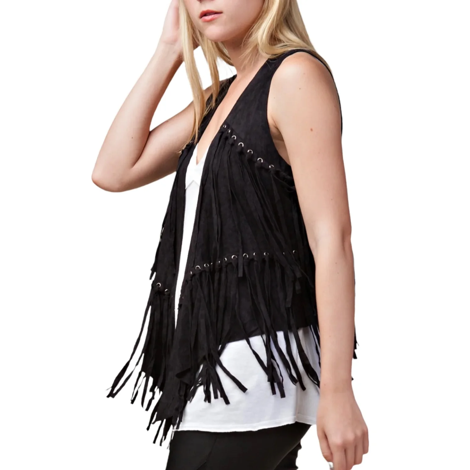 Vocal Eyelet Fringe Black Women's Vest IM0653V - Image 3