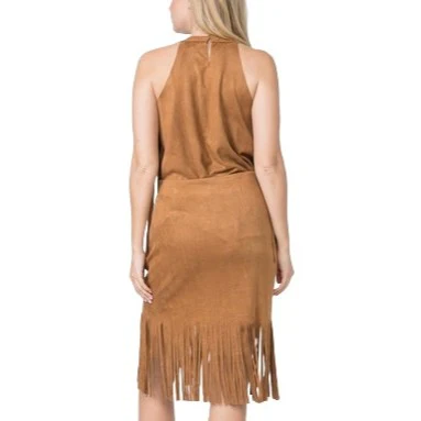 Vocal Suede Fringe Midi Camel Women's Skirt IM2008SK - Image 2
