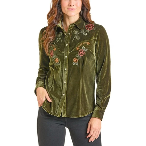 Rock & Roll Velvet Green Women's Western Snap LWN2S07121