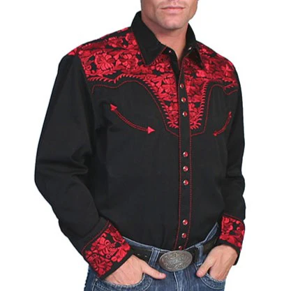 Scully Floral Tooled Crimson Men's Western Snap P634