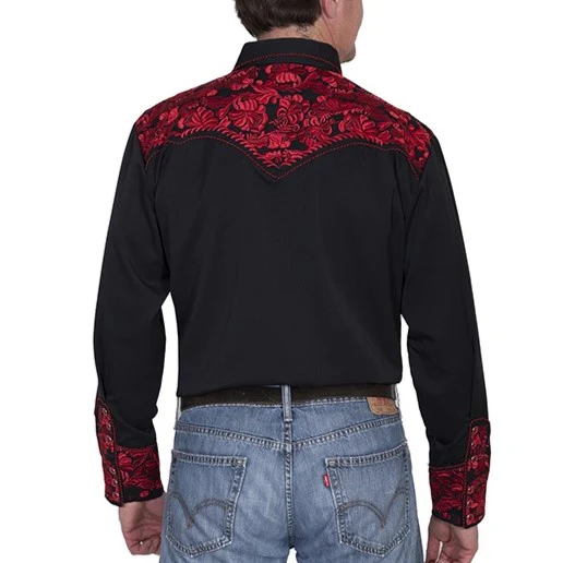 Scully Floral Tooled Crimson Men's Western Snap P634 - Image 2