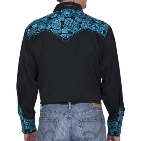 Scully Floral Tooled Turquoise Men's Western Snap P634 - Image 2