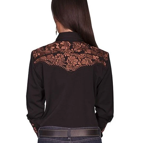 Scully Black Floral Tooled Women's Western Snap PL654 - Image 2
