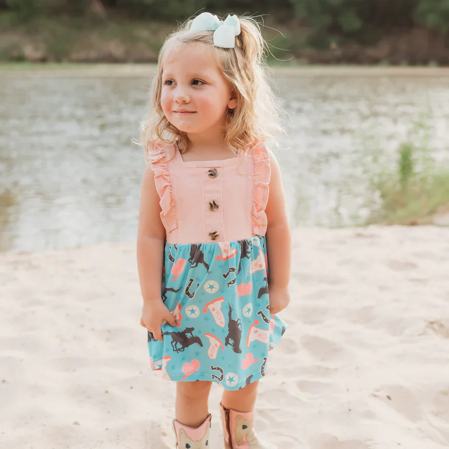 Shea Baby Pink Denim and Turquoise Girl's Dress SDR17 - Image 3