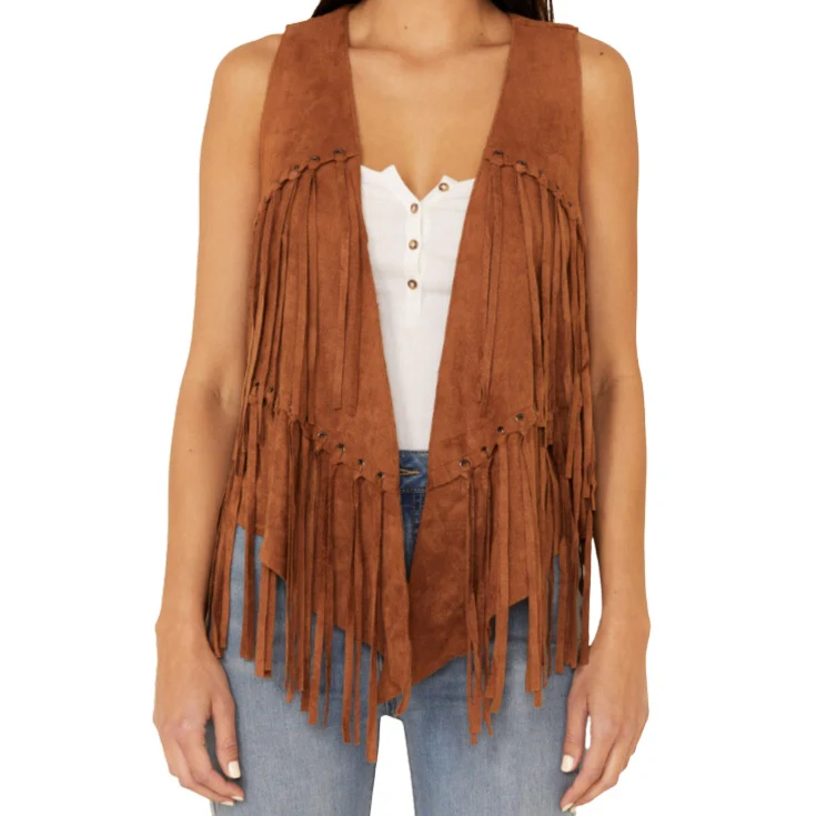 Vocal Eyelet Fringe Camel Women's Vest IM0653V