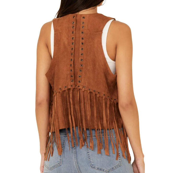 Vocal Eyelet Fringe Camel Women's Vest IM0653V - Image 2