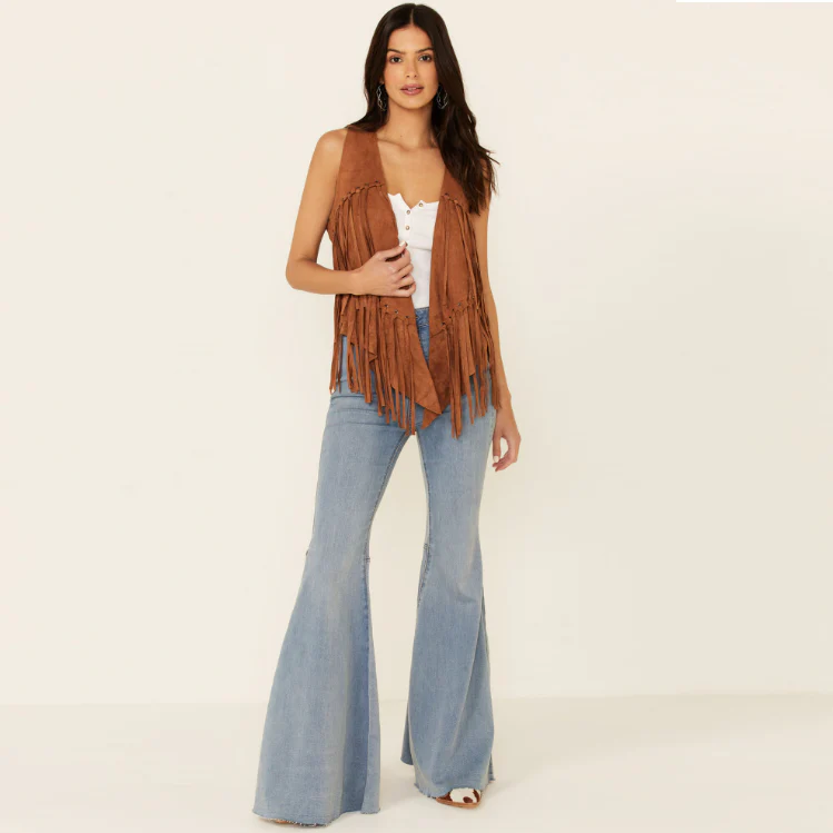 Vocal Eyelet Fringe Camel Women's Vest IM0653V - Image 3