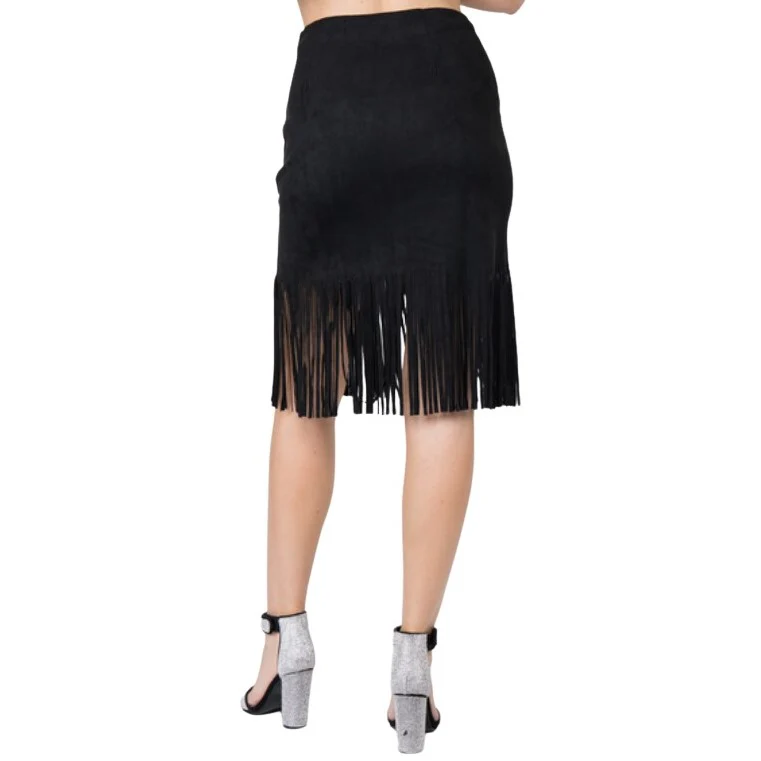 Vocal Suede Fringe Midi Black Women's Skirt IM2008SK - Image 2