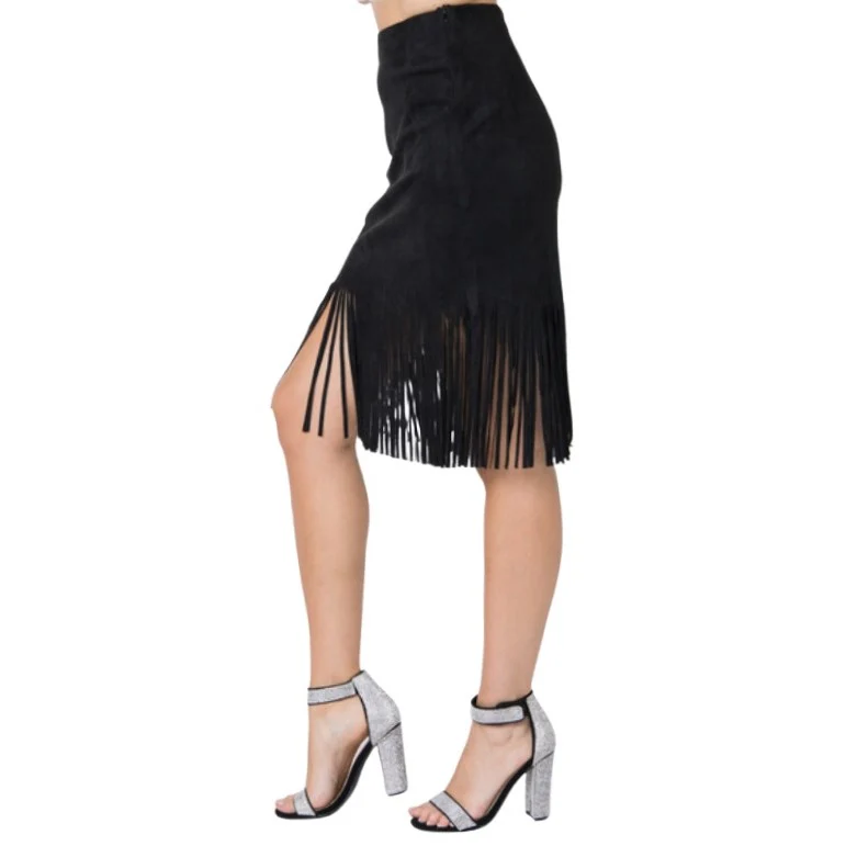 Vocal Suede Fringe Midi Black Women's Skirt IM2008SK - Image 3
